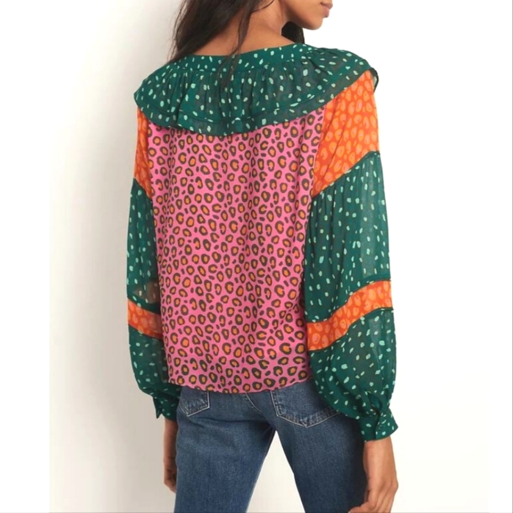 Farm Rio Colorful Patchwork Leopard Print Ruffle Top, Size XS - Picture 2 of 11